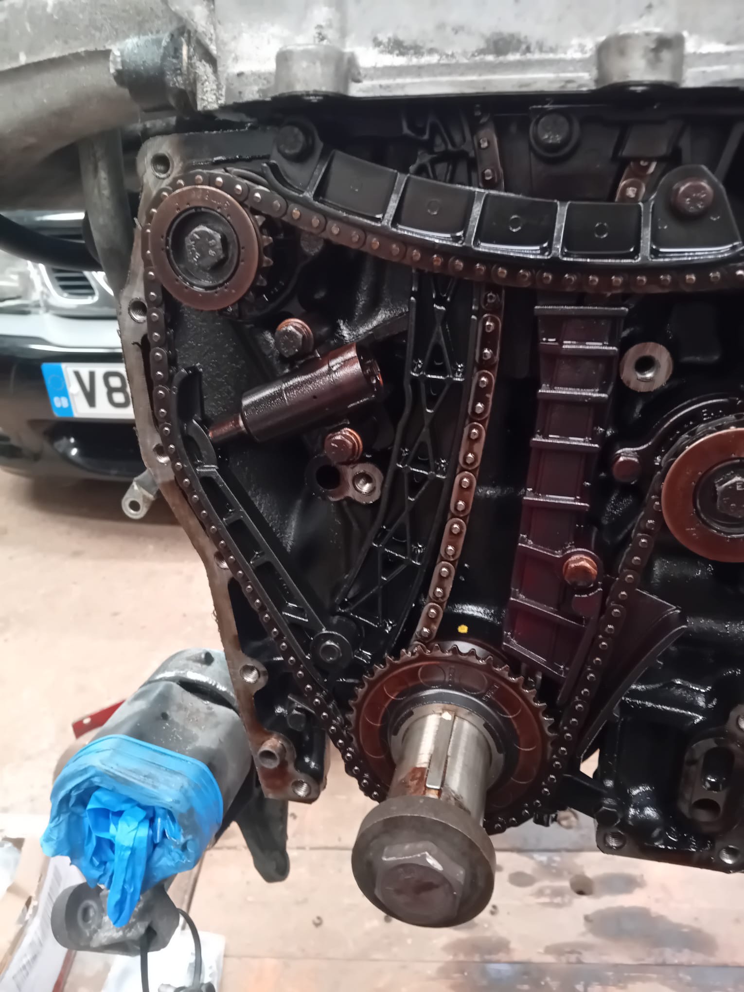 A SAAB engine with the timing cover off, new timing chains fitted in the workshop